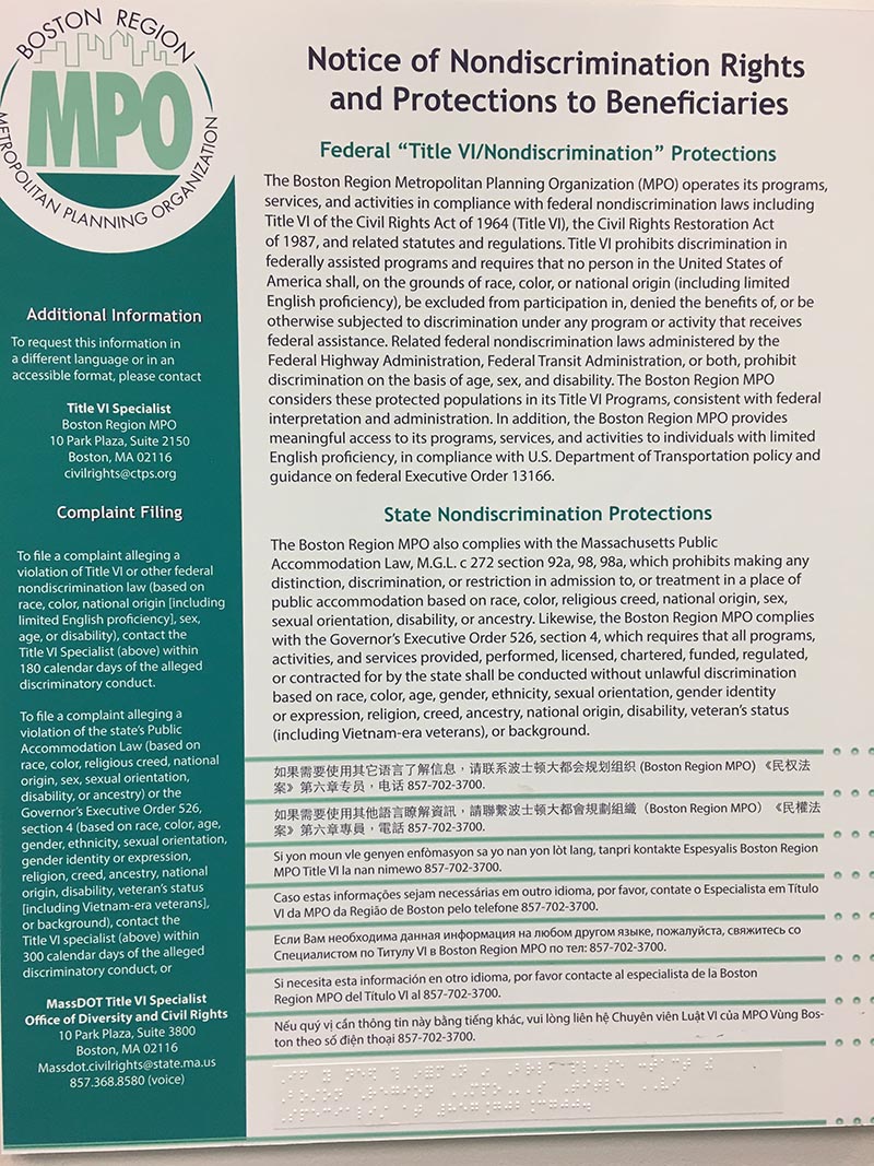 Figure A-5 shows the MPO’s notice of nondiscrimination that is posted in the CTPS office.